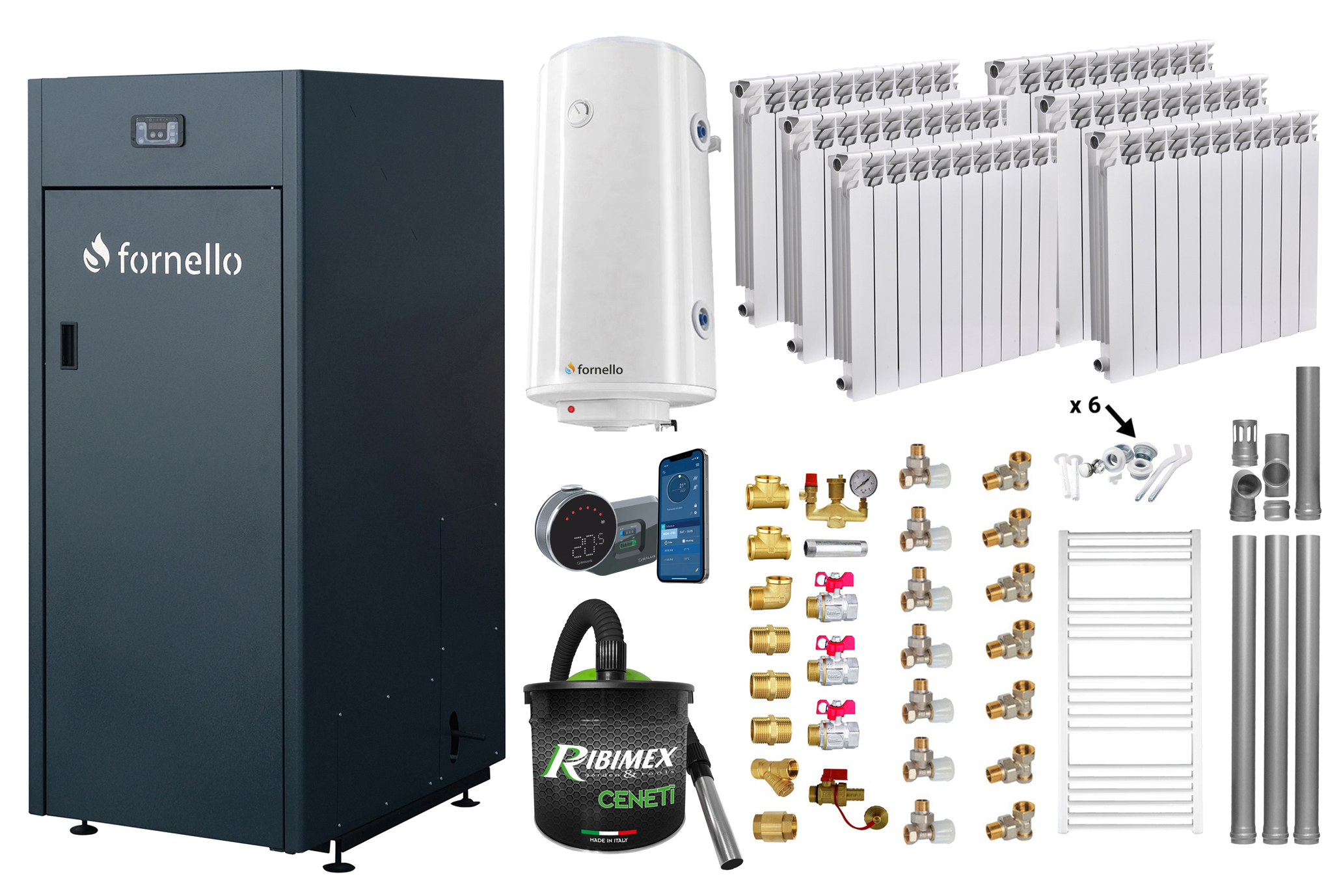 Pachet control de la distanta Centrala pe peleti Fornello King Plus 25 KW, calorifere aluminiu, boiler, termostat, aspirator, kit evacuare, fitinguri, pompa de circulatie, vas de expansiune, supapa de siguranta, automatizare, rezervor pentr