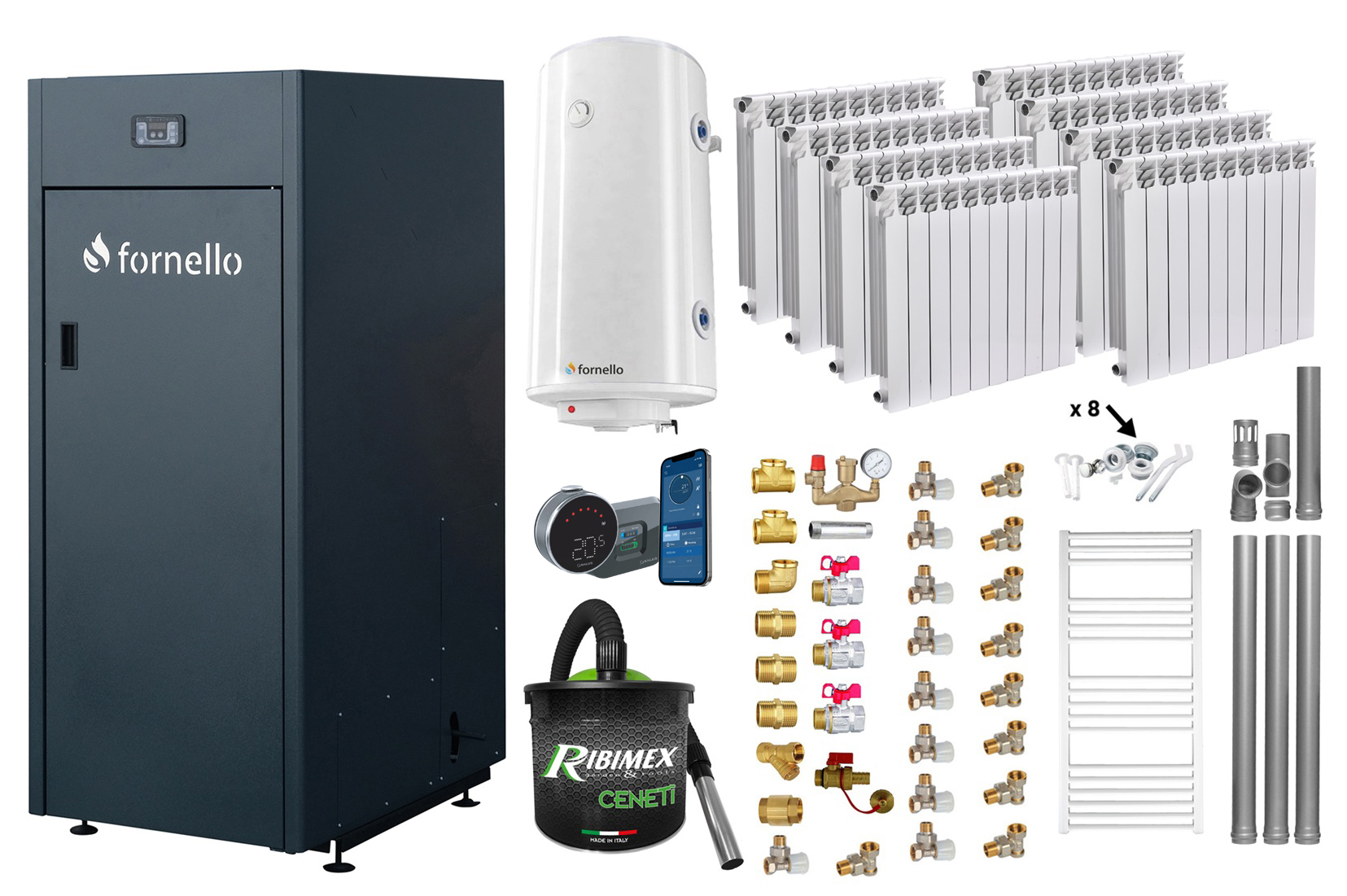 Pachet control de la distanta Centrala pe peleti Fornello King Plus 30 KW, calorifere aluminiu, boiler, termostat, aspirator, kit evacuare, fitinguri, pompa de circulatie, vas de expansiune, supapa de siguranta, automatizare, rezervor pentr