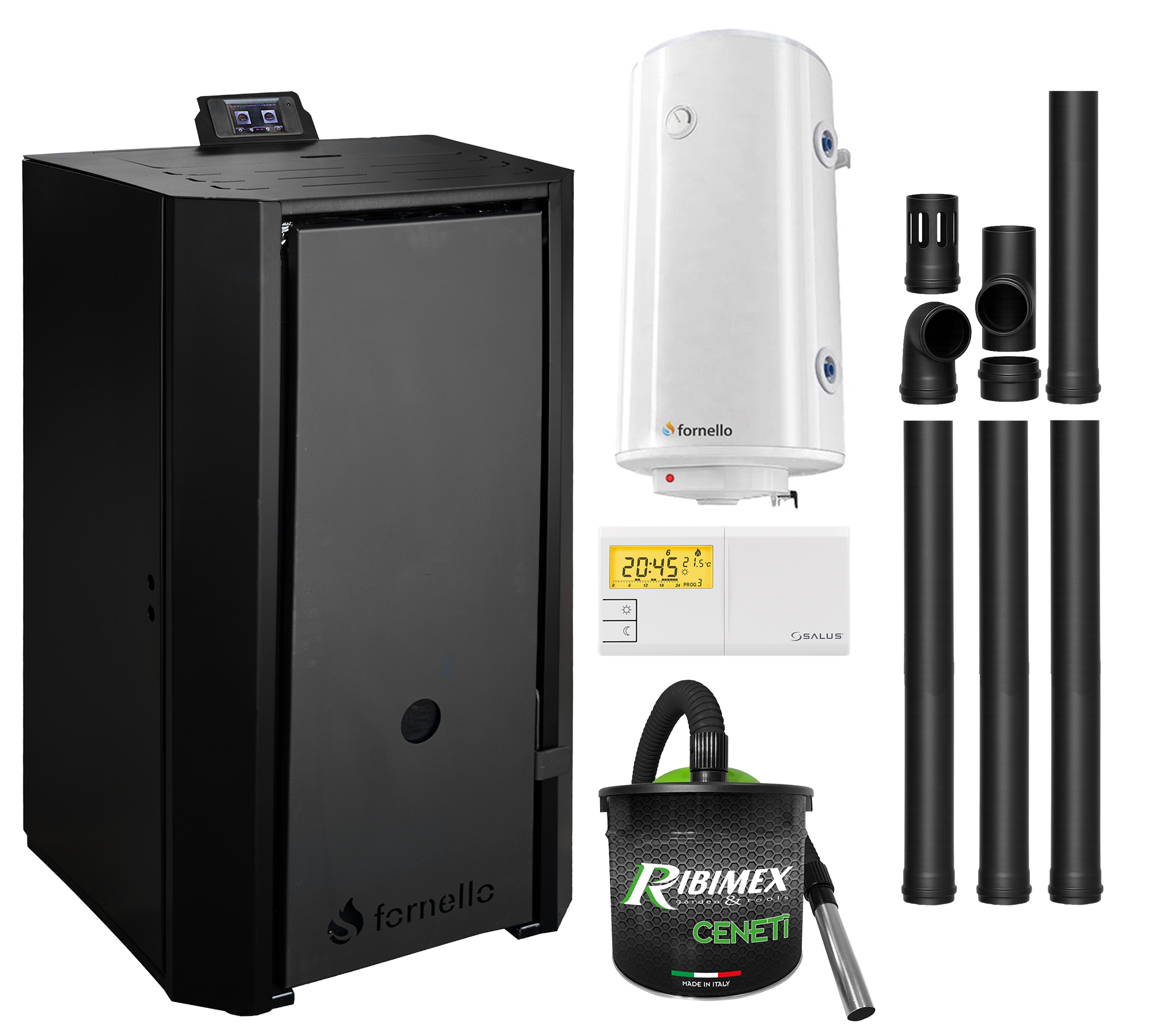 Pachet Centrala pe peleti Fornello EVA B Black 25 KW, pompa circulatie, vas expansiune, Grup siguranta, WI-FI, buncar, tiraj fortat, kit evacuare, termostat Salus 091FLRFV2, aspiratior, boiler 100L, Clasa A++, recomandat pentru 160 mp, Negr