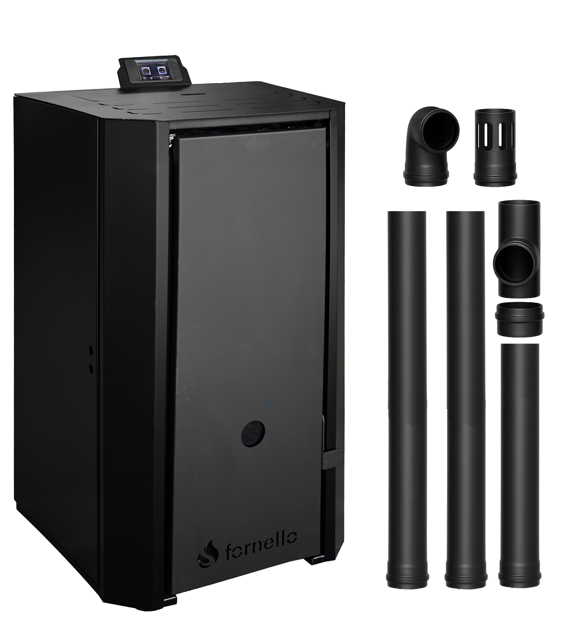 Pachet Centrala pe peleti Fornello EVA B Black 25 KW, pompa circulatie, vas expansiune, Grup siguranta, WI-FI, buncar, tiraj fortat, kit evacuare 2.5 ml, Clasa A++, recomandat pentru 160 mp, Negru