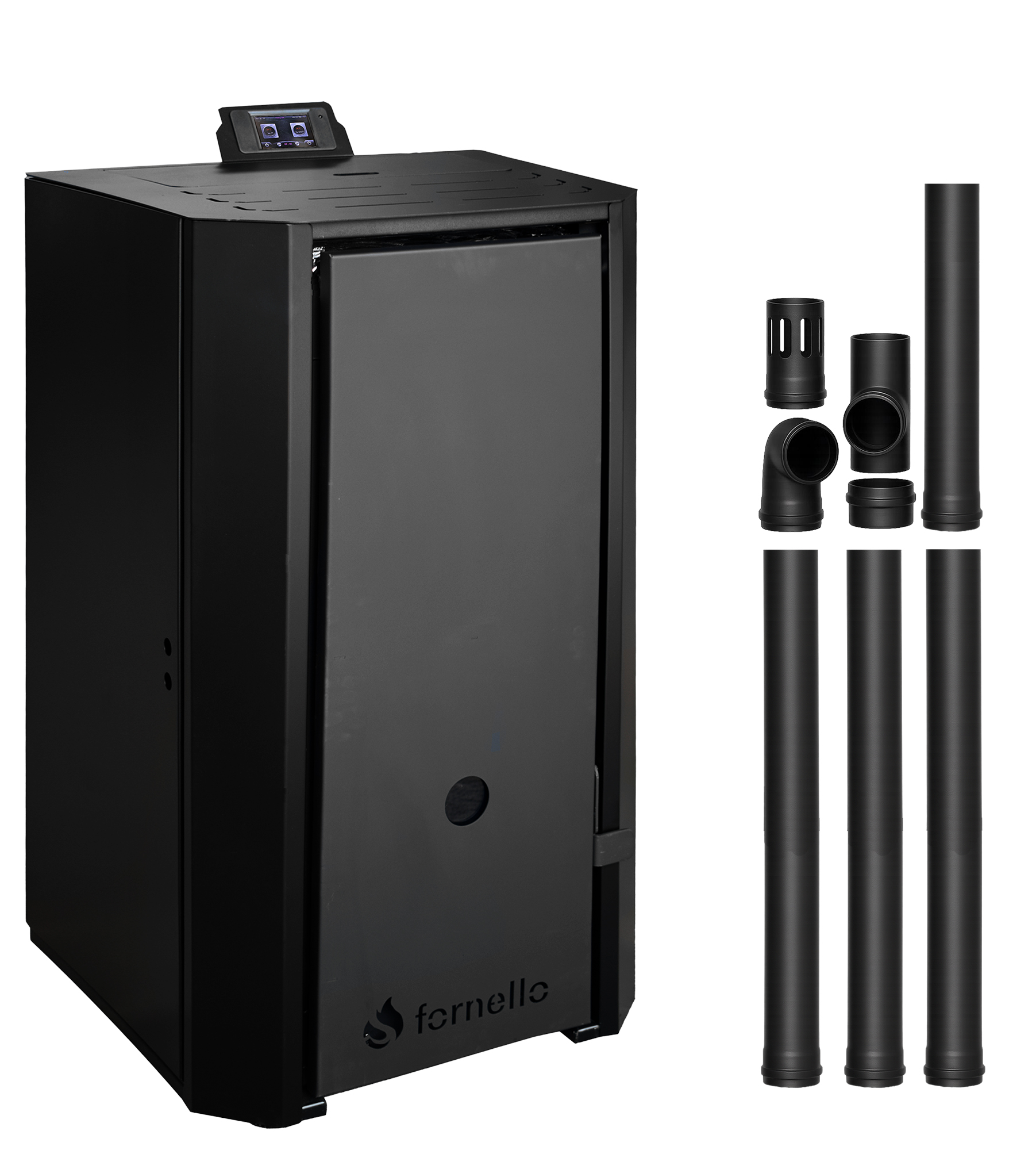 Pachet Centrala pe peleti Fornello EVA B Black 25 KW, pompa circulatie, vas expansiune, Grup siguranta, WI-FI, buncar, tiraj fortat, kit evacuare 3.5 ml, Clasa A++, recomandat pentru 160 mp, Negru
