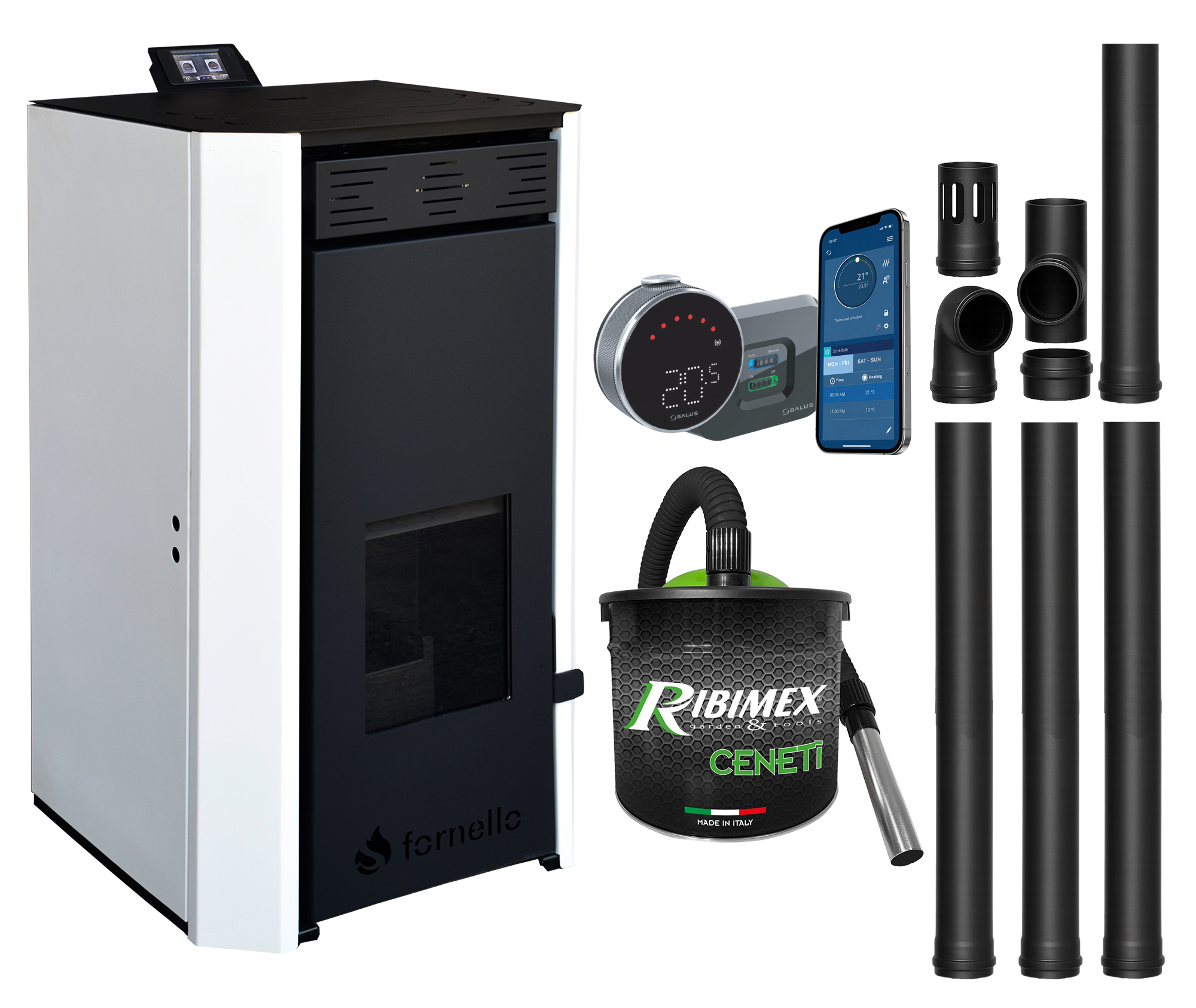 Pachet Termosemineu pe peleti Fornello EVA 25 KW, pompa circulatie, vas expansiune, Grup siguranta, WI-FI, buncar, tiraj fortat, kit evacuare, termostat Salus IT 800, aspiratior, Clasa A++, recomandat pentru 160 mp, Alb