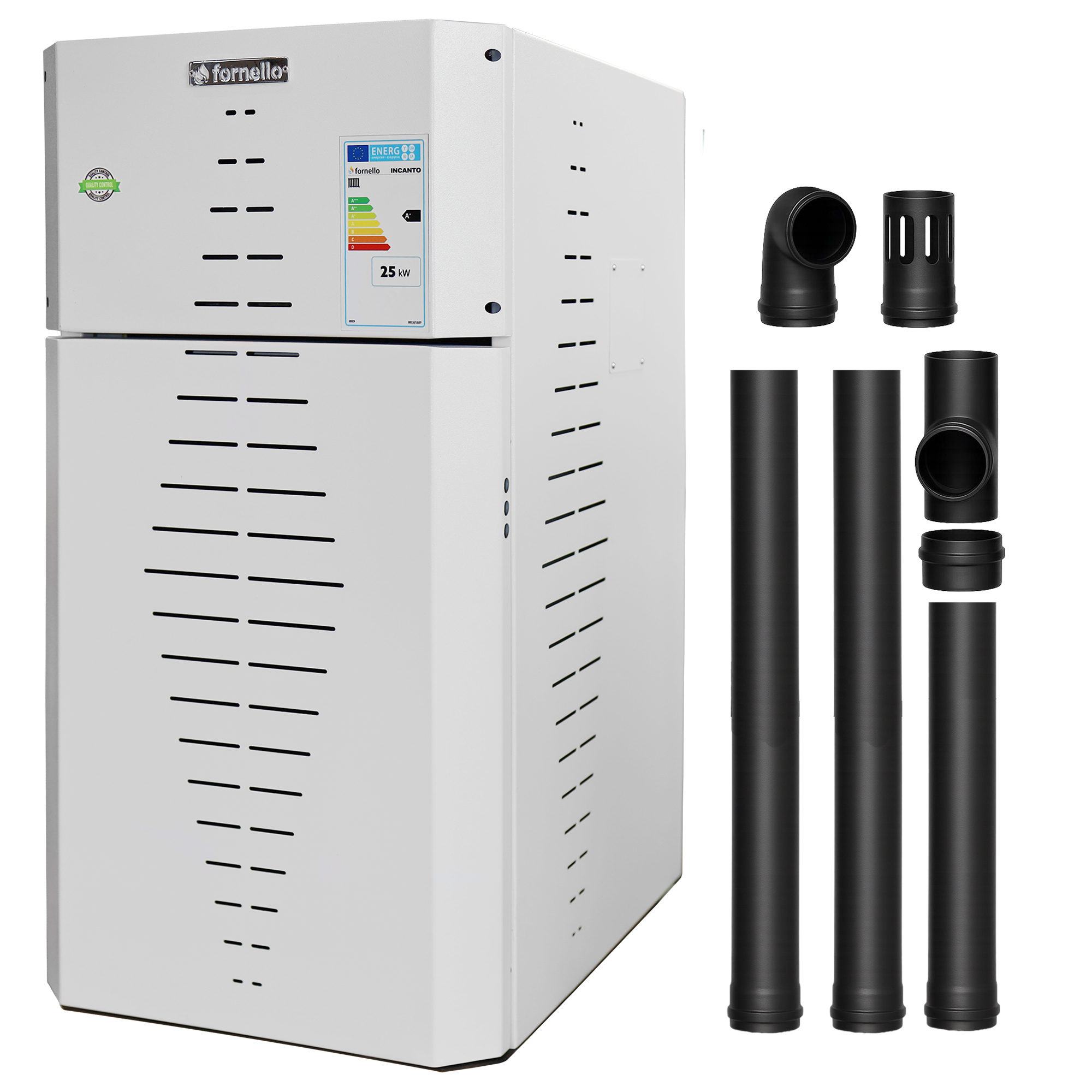 Pachet centrala pe peleti Fornello INCANTO COMPACT 25 kW, pompa electronica, vas expansiune, arzator inox, grup de siguranta, kit evacuare 2.5 ml, sistem de curatare MECANICA a creuzetului si drumurilor de fum, culoare alb