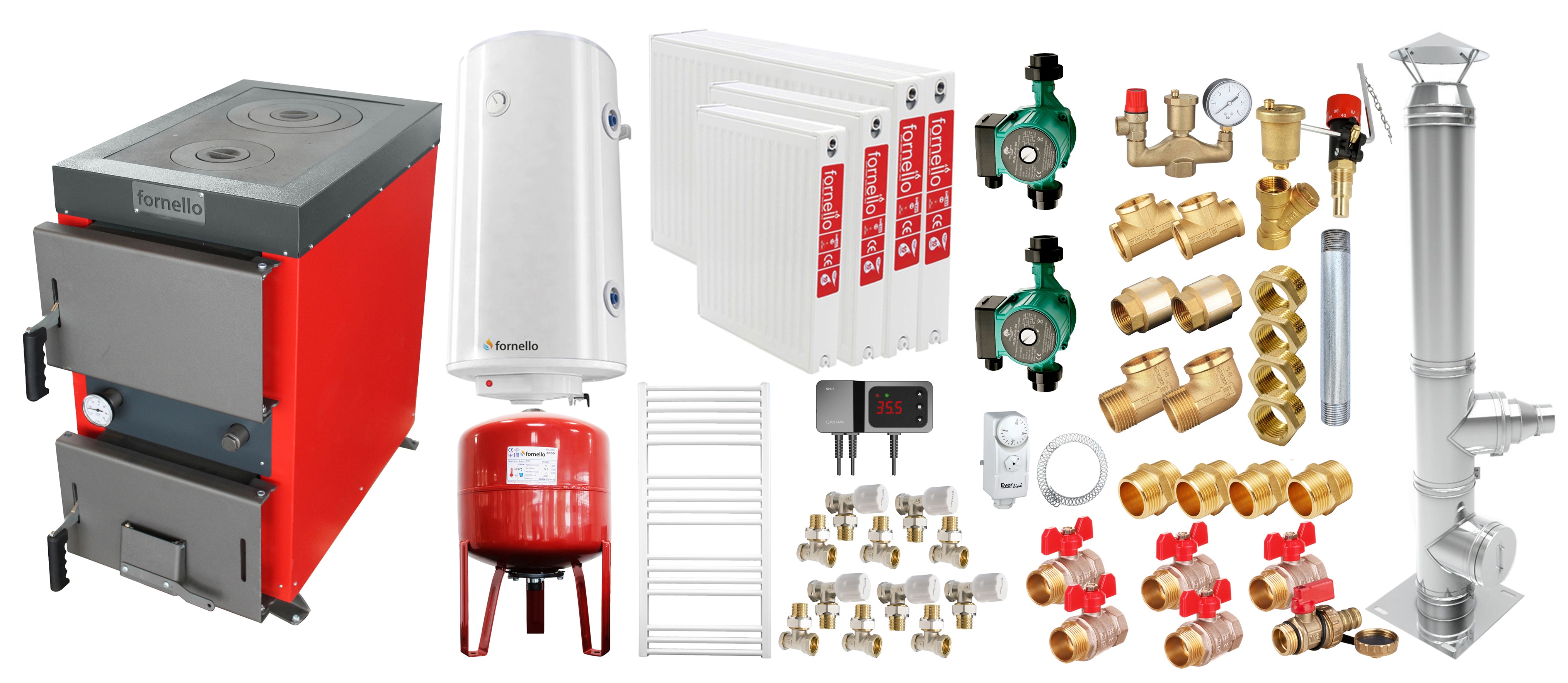 Pachet Cazan (centrala) cu plita pe combustibil solid (lemn, carbune, brichete), Fornello Rustic KP 20 kW, Cos inox, Calorifere otel, Pompe, Boiler, Vas expansiune, Fitinguri montaj