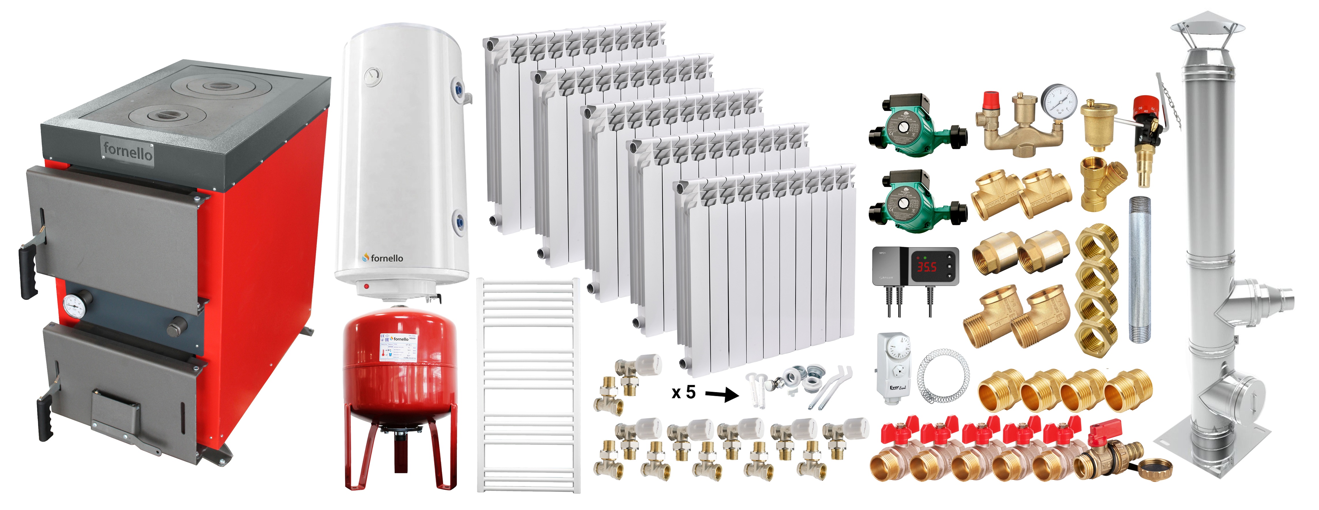 Pachet Cazan (centrala) cu plita pe combustibil solid (lemn, carbune, brichete), Fornello Rustic KP 20 kW, Cos inox, Calorifere aluminiu, Pompe, Boiler, Vas expansiune, Fitinguri montaj