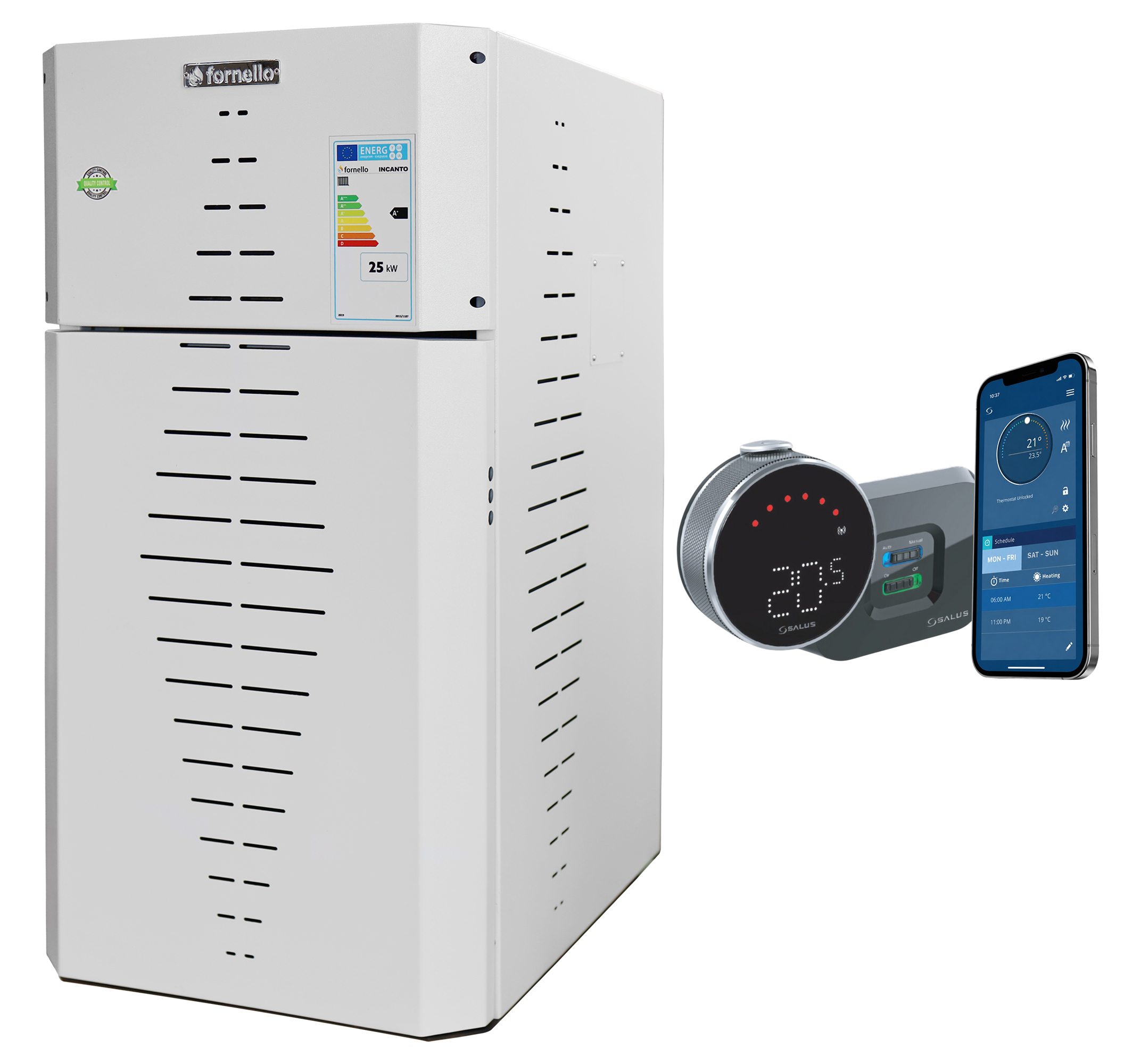 Pachet centrala pe peleti Fornello INCANTO COMPACT 25 kW, pompa electronica, vas expansiune, arzator inox, grup de siguranta, termostat wifi salus IT800, sistem de curatare MECANICA a creuzetului si drumurilor de fum, culoare alb