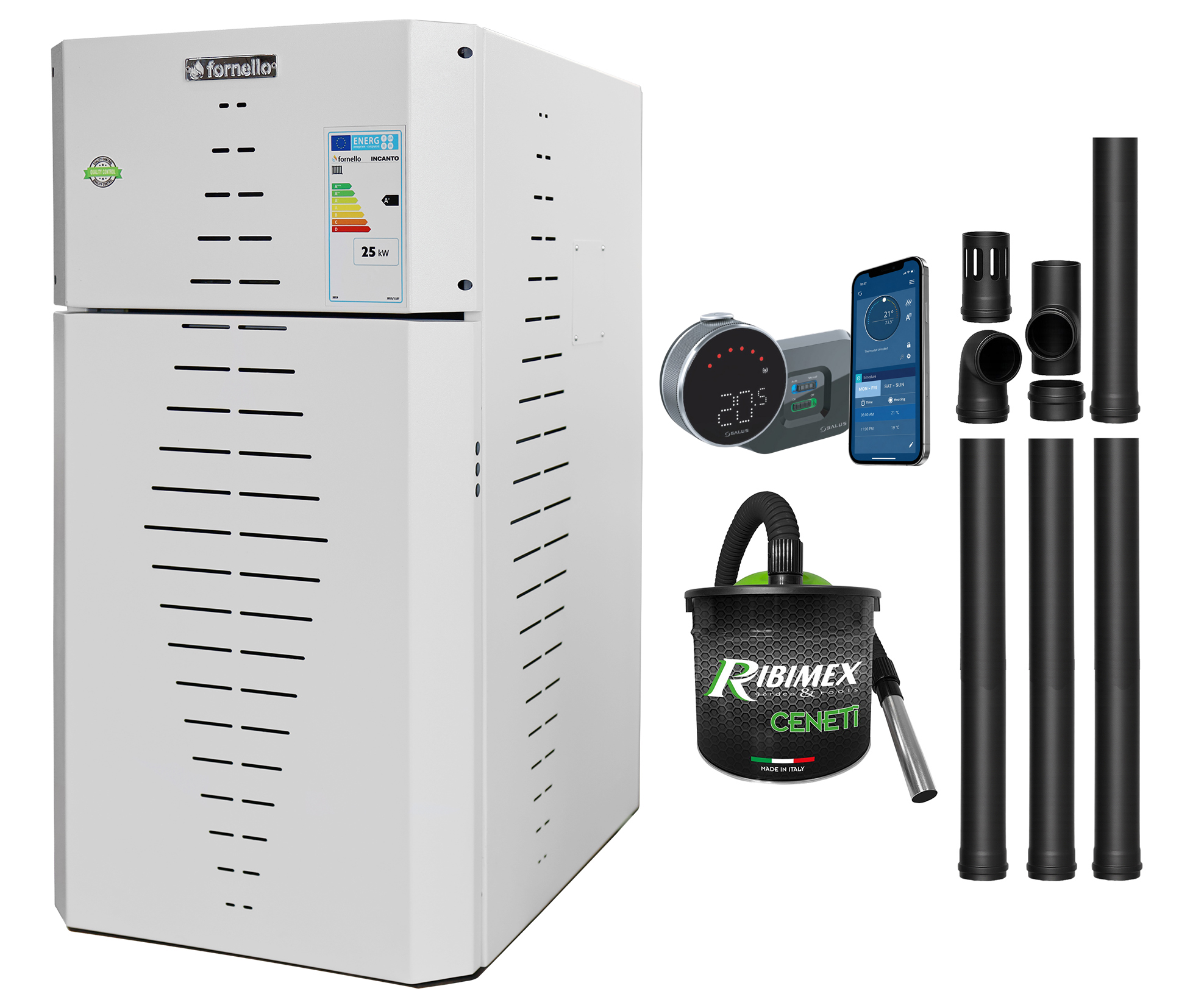 Pachet centrala pe peleti Fornello INCANTO COMPACT 25 kW, pompa electronica, vas expansiune, arzator inox, grup de siguranta, kit evacuare, termostat Salus IT 800, aspiratior, sistem de curatare MECANICA a creuzetului si drumurilor de fum