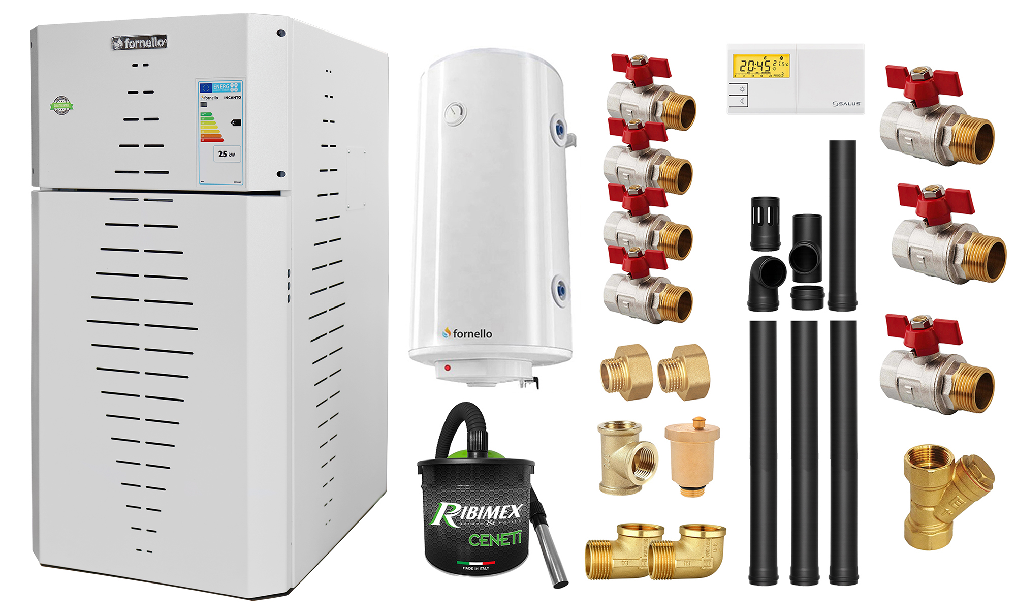 Pachet centrala pe peleti Fornello INCANTO COMPACT 25 kW, pompa electronica, vas expansiune, arzator inox, grup de siguranta, kit evacuare 3.5 ml, termostat, aspiratior, boiler 100L si Fitinguri montaj centrala/boiler