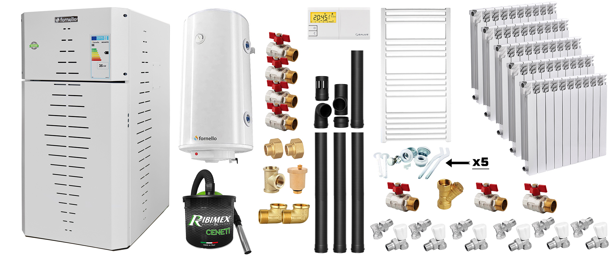 Pachet centrala pe peleti Fornello INCANTO COMPACT 25 kW, pompa electronica, vas expansiune, arzator inox, grup de siguranta, kit evacuare 3.5 ml, termostat, aspiratior, boiler 100L, Radiatoare Aluminiu si Fitinguri montaj