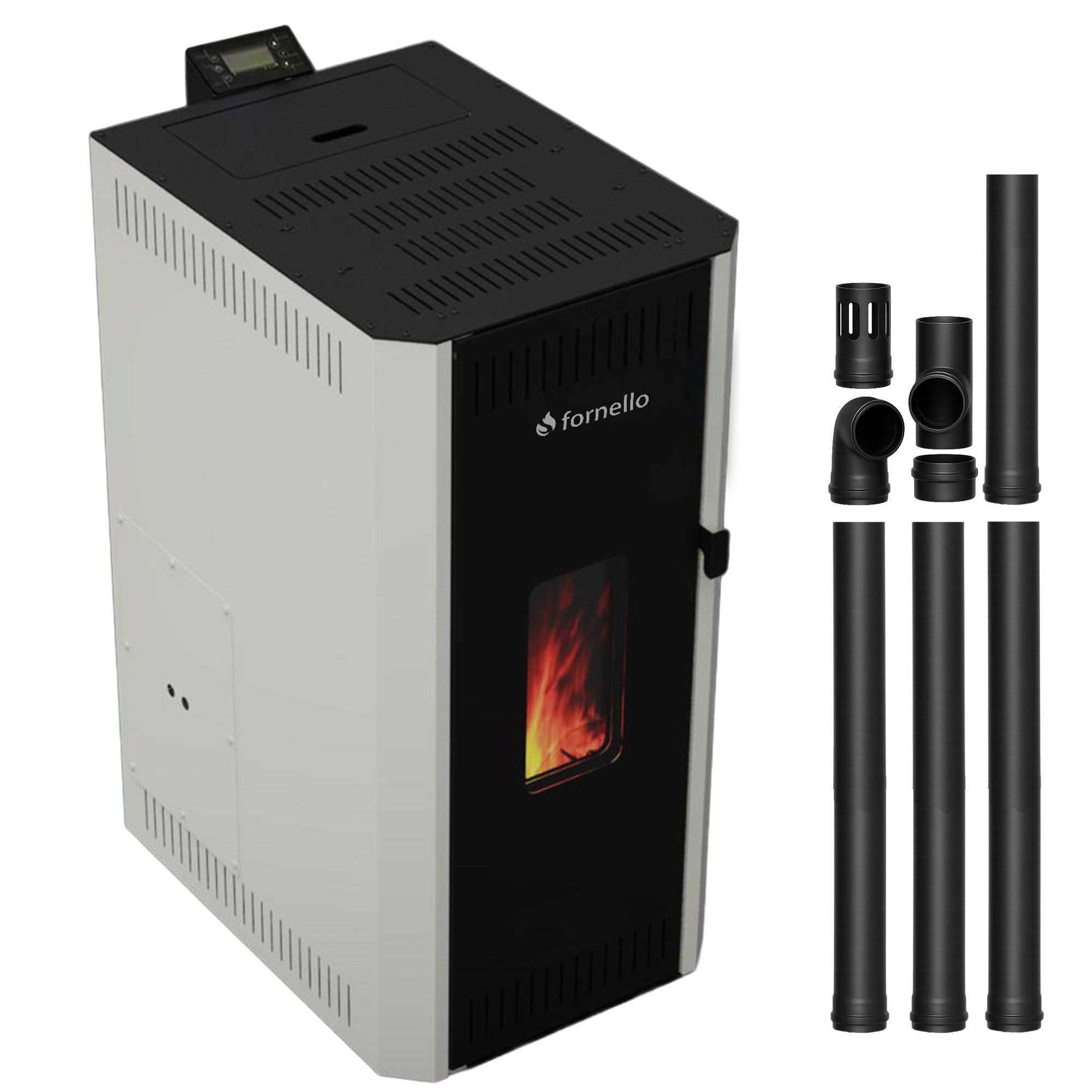 Pachet termosemineu pe peleti Fornello CALORE COMPACT 25 kW, pompa electronica, vas expansiune, arzator inox, grup de siguranta, kit evacuare 3.5 ml, sistem de curatare MECANICA a creuzetului si drumurilor de fum, culoare alb