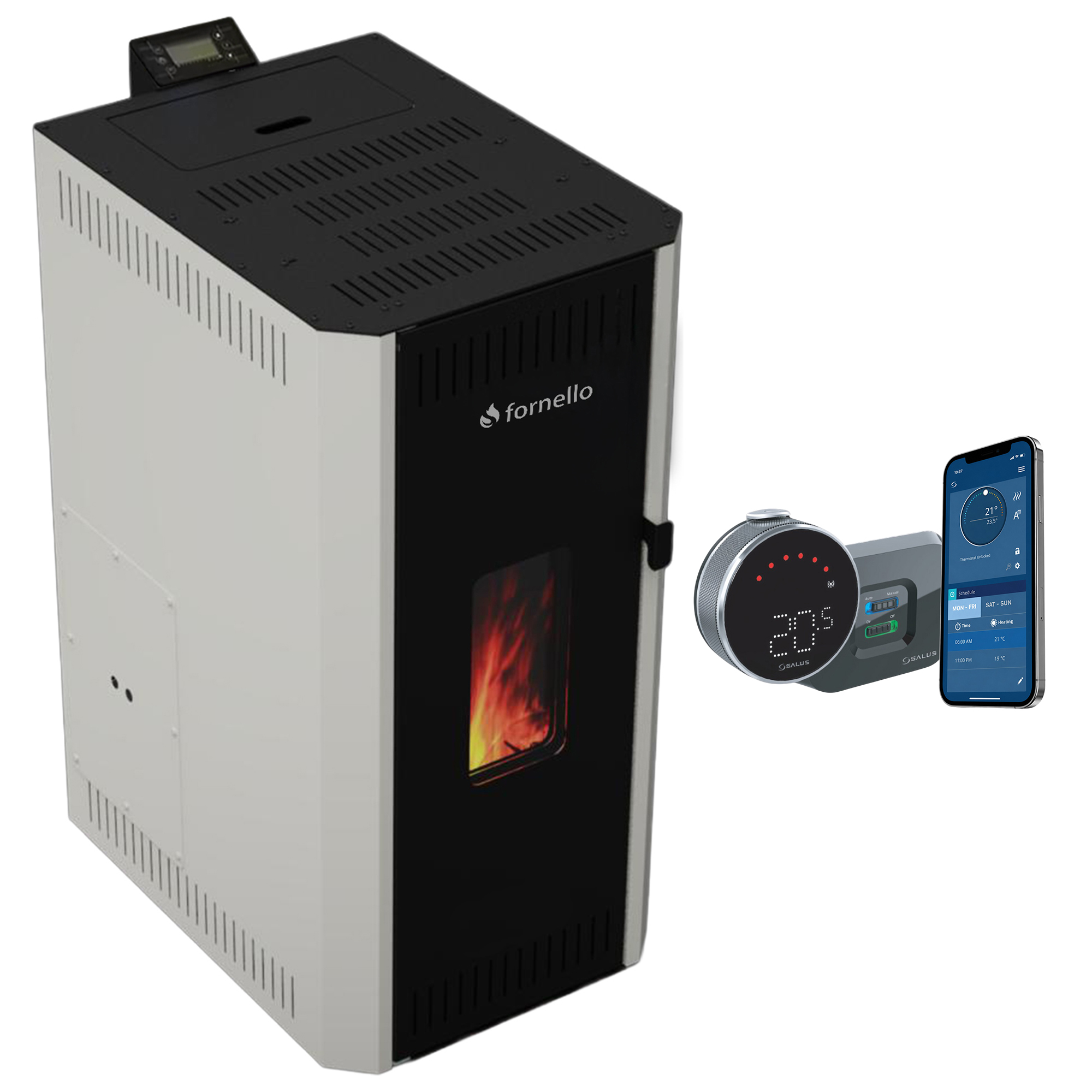 Pachet termosemineu pe peleti Fornello CALORE COMPACT 25 kW, pompa electronica, vas expansiune, arzator inox, grup de siguranta, termostat wifi salus IT 800, sistem de curatare MECANICA a creuzetului si drumurilor de fum, culoare alb