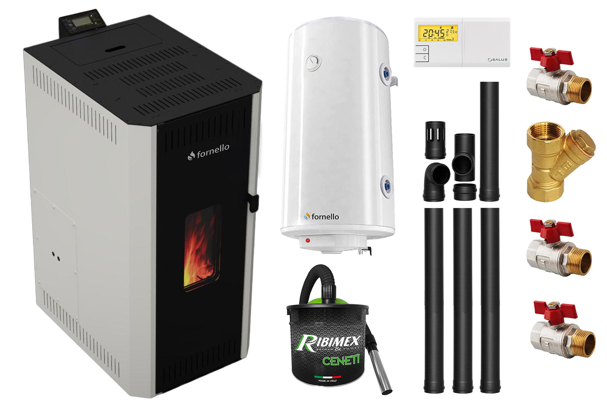 Pachet termosemineu pe peleti Fornello CALORE COMPACT 25 kW, pompa electronica, vas expansiune, arzator inox, grup de siguranta, kit evacuare 3.5 ml, termostat, aspiratior, boiler 100L si Fitinguri montaj