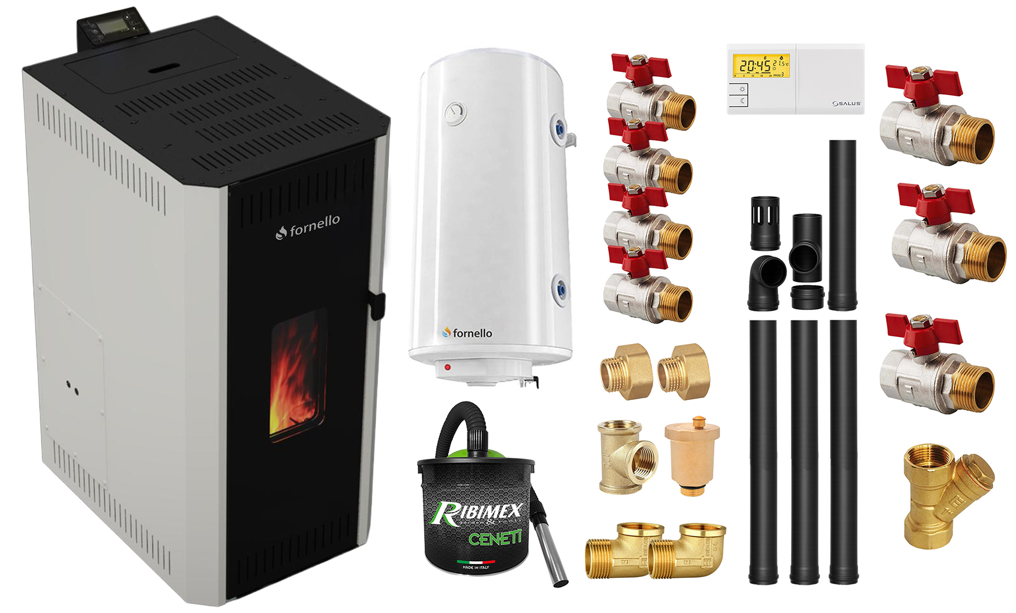 Pachet termosemineu pe peleti Fornello CALORE COMPACT 25 kW, pompa electronica, vas expansiune, arzator inox, grup de siguranta, kit evacuare 3.5 ml, termostat, aspiratior, boiler 100L si Fitinguri montaj centrala/boiler