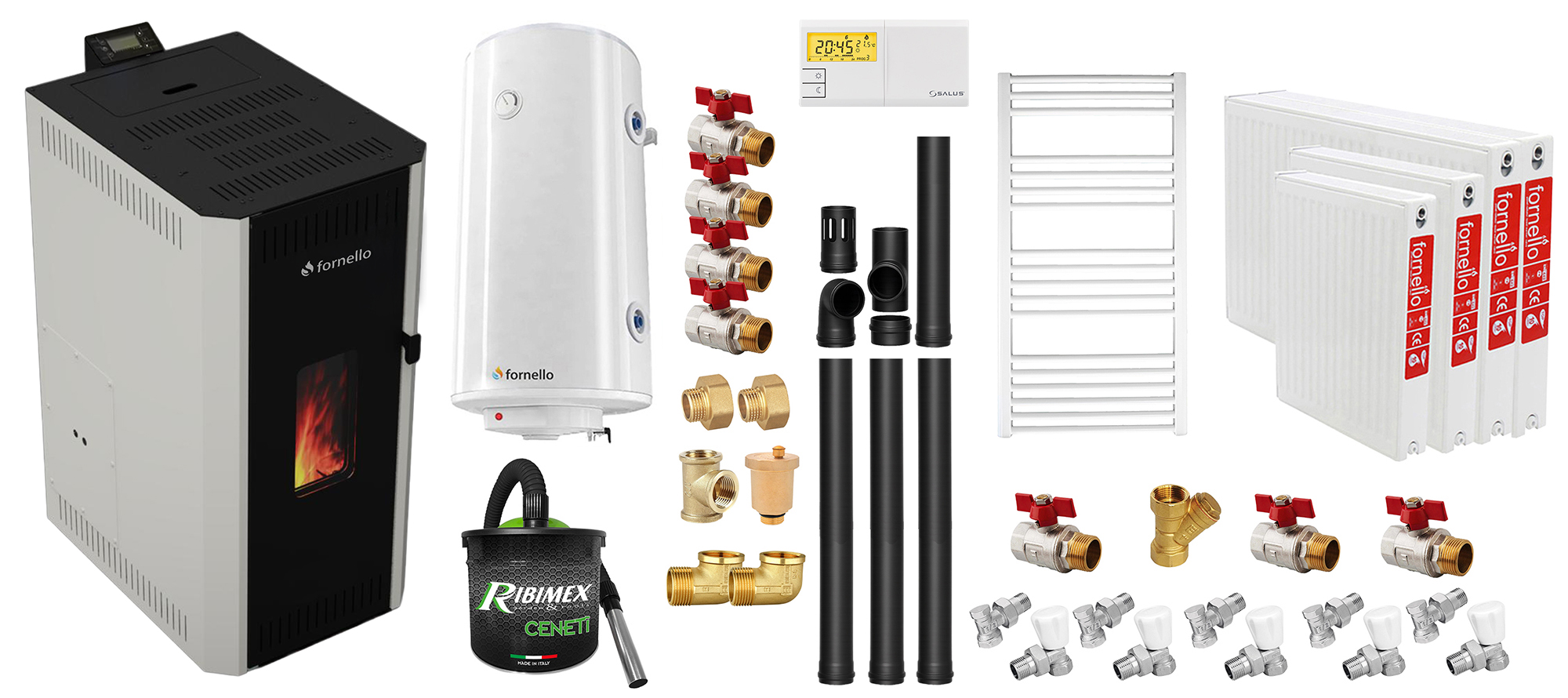 Pachet termosemineu pe peleti Fornello CALORE COMPACT 25 kW, pompa electronica, vas expansiune, arzator inox, grup de siguranta, kit evacuare 3.5 ml, termostat, aspiratior, boiler 100L, Radiatoare otel si Fitinguri montaj