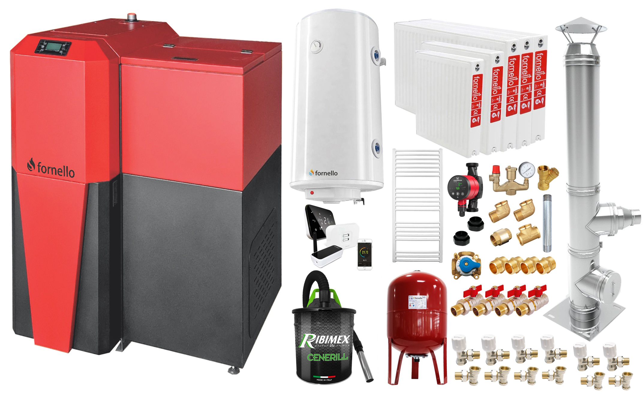 Pachet Centrala mixta Lemn/Pelet Fornello Tera 28 kW, calorifere otel, cos inox, boiler, termostat, aspirator, pompa, vas expansiune, fitinguri, aprindere automanta la peleti, buncar peleti 95 kg, creuzet fonta, curatarea facila, pentru 180