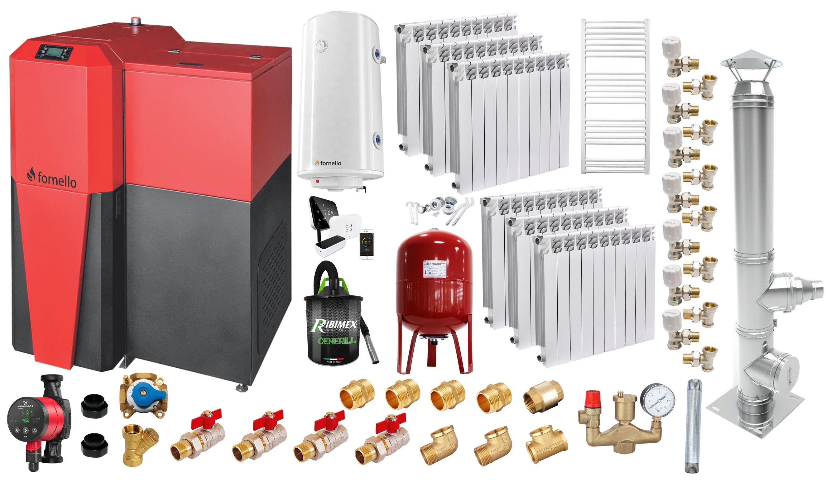 Pachet Centrala mixta Lemn/Pelet Fornello Tera 28 kW, calorifere aluminiu, cos inox, boiler, termostat, aspirator, pompa, vas expansiune, fitinguri, aprindere automanta la peleti, buncar peleti 95 kg, creuzet fonta, curatarea facila, pentru