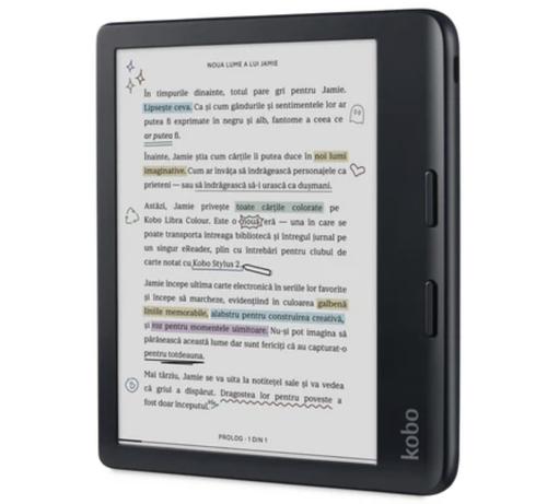 eBook Reader Kobo Libra Colour, Ecran E-Ink Kaleido 7inch, Procesor Dual-Core 2.0GHz, 32GB Flash, USB Type-C, ComfortLight PRO, Wi-Fi, IPX8 + Kobo Stylus 2 (Negru)