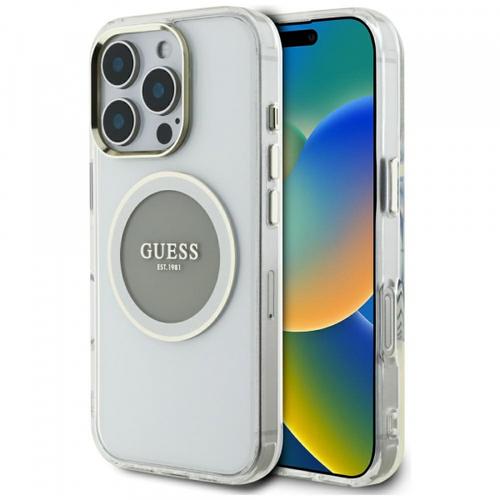 Husa MagSafe pentru Apple iPhone 16 Pro Max, Guess, IML Metal Colored Circle, Gri
