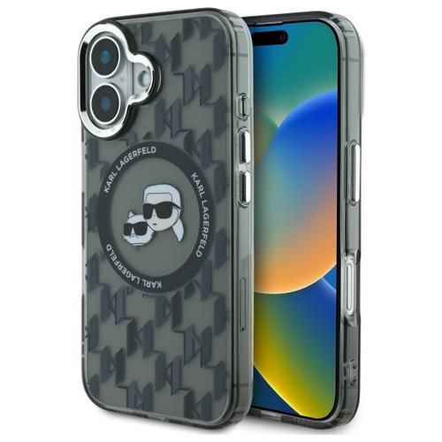 Husa MagSafe pentru Apple iPhone 16, Karl Lagerfeld, IML Monogram Karl & Choupette's Heads, Neagra