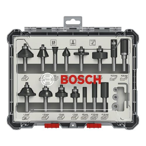 Set de inserturi de freza mixt, Bosch, 15 piese, Tija, 8 mm, Negru/Argintiu