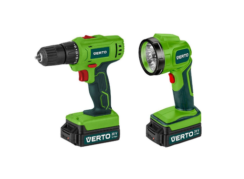 Set masina de gaurit si lanterna Verto 50G293, 20V, 2 x 1.5 Ah (Verde/Negru)