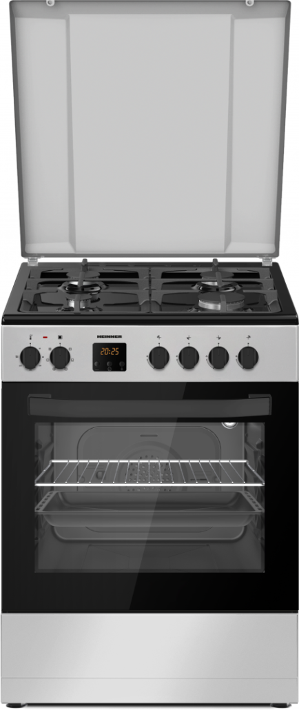 Aragaz mixt HEINNER HFSC-S66FDC-BIX, Gaz + Electric, 4 arzatoare, Clasa A, 6 functii, Grill, Autocuratare catalitica (Inox)
