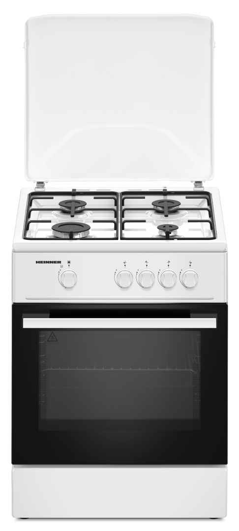 Aragaz HEINNER HFSC-K6060WH, Gaz, 4 arzatoare, Aprindere electrica plita, Duze GPL incluse, Tava si gratar cromat, 60cm (Alb)