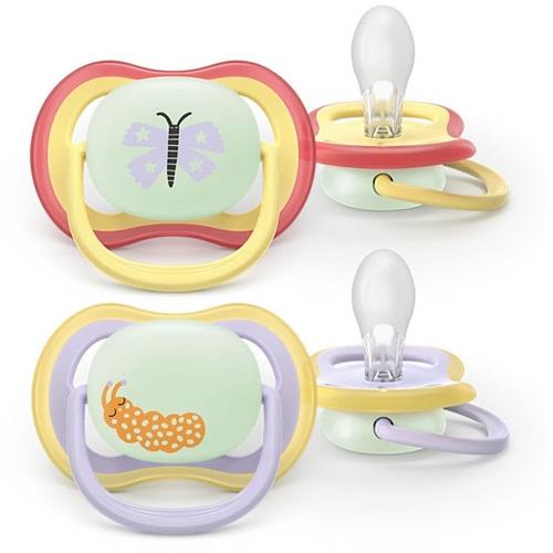 Set 2 suzete Philips Avent Ultra Air SCF376/25 care lasa pielea bebelusului sa respire, ortodontice, fara BPA, 0-6 luni, pentru noapte, cu buton fosforescent
