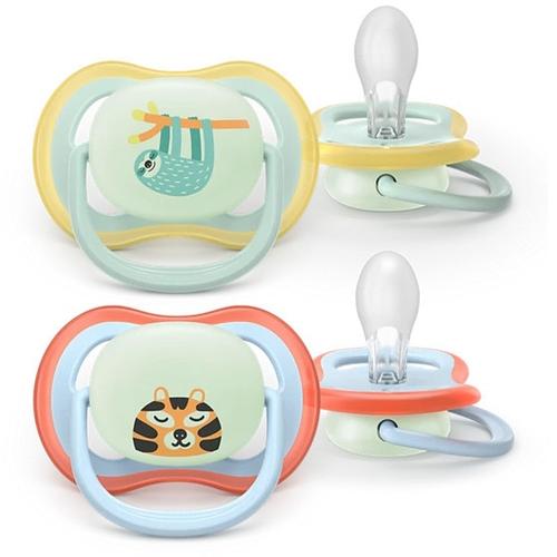 Set 2 suzete Philips Avent Ultra Air SCF376/24 care lasa pielea bebelusului sa respire, ortodontice, fara BPA, 0-6 luni, pentru noapte, cu buton fosforescent