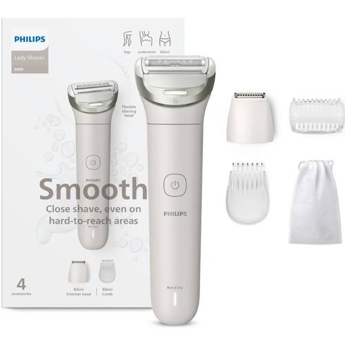 Aparat de ras electric pentru femei, fara fir Philips BRL147/00, umed si uscat, autonomie: 120 minute, 4 accesorii, lumina led, cap de ras flexibil, cap pentru tuns zona inghinala (Mov)