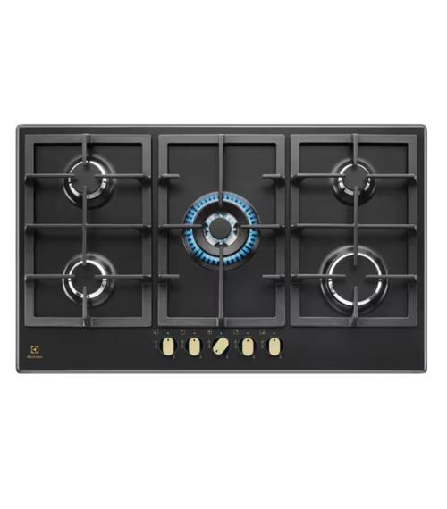 Plita incorporabila Electrolux KGS9536RN, Gaz, 90 cm, 5 arzatoare gaz, Arzator Wok, Aprindere electrica integrata, Control cu butoane frontal, Dispozitiv siguranta, Gratare de fonta, Rustic (Negru)