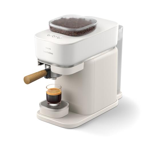 Espressor semi-automat Philips Baristina BAR302/20, 1550 W, Rezervor apa 1.2 l, Rasnita incorporata, Recipient boabe 170 gr, Portafiltru maro (Alb)