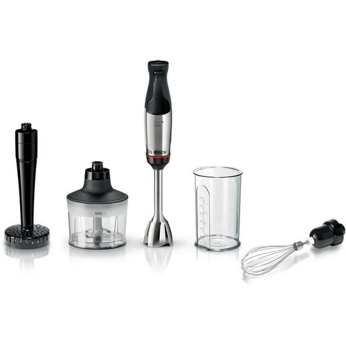 Blender vertical Bosch ErgoMaster MSM6M633, 1000 W, Inox, minitocator, tel, pasator,vas gradat, Cutit QuattroBlade System Pro cu 4 lame si AntiSplash (Inox/Negru)