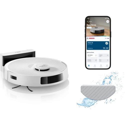 Aspirator robot Bosch BCRC1W, aspirare&spalare, statie de incarcare, 11.000 PA, Navigare 360° LiDAR, Funcție Reduced Tangling, recipient praf 0.4 L, Home Connect (Alb)