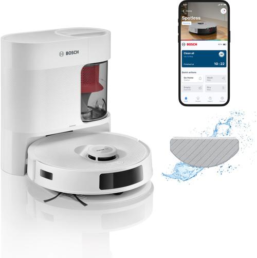 Robot de aspirare Bosch BCRD1W, aspirare&spalare, Statie de golire, putere maxima 11000 PA, Navigare 360° LiDAR, Funcție Reduced Tangling, Recipient praf 0.4 L, Home Connect (Alb)