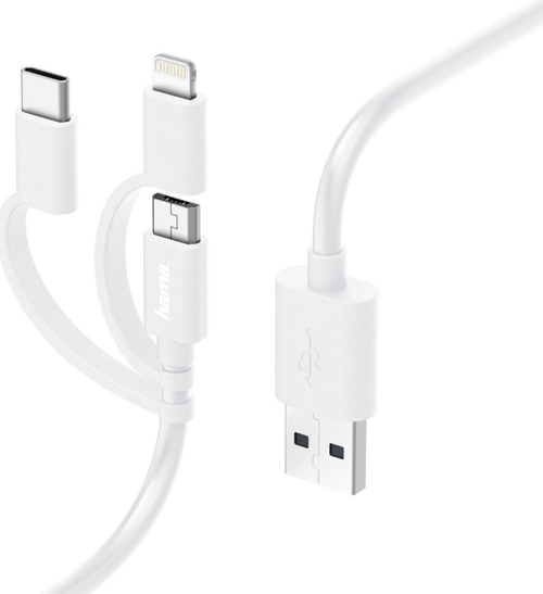 Cablu Hama 187200, microUSB 3-in-1 cu adaptor pentru USB-C, Lightning, 1 m (Alb)