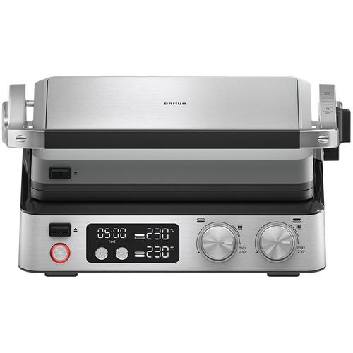 Gratar electric Braun MultiGrill CG7044, 2000 W, 3 moduri de gatire, 2 zone de gatit cu termostate electronice independente, 2 seturi de placi detasabile, Deschidere 180°, Tava scurgere detasabila (Argintiu)