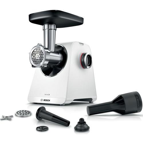 Masina de tocat Bosch MFWS607W, 2100W, 3.5kg/min, 2 site, Palnie carnati, Accesoriu pt kebbe, Cutit cu 2 taisuri (Alb)