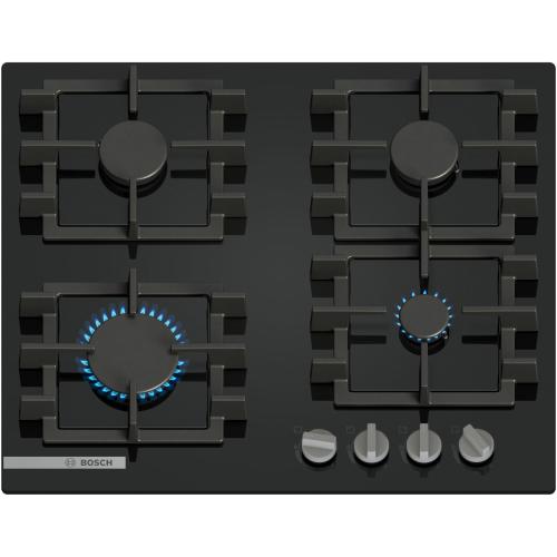 Plita incorporabila Bosch PNN6B6K40, Gaz, 4 arzatoare, Gratar fonta, 60 cm, Quartz (Negru)