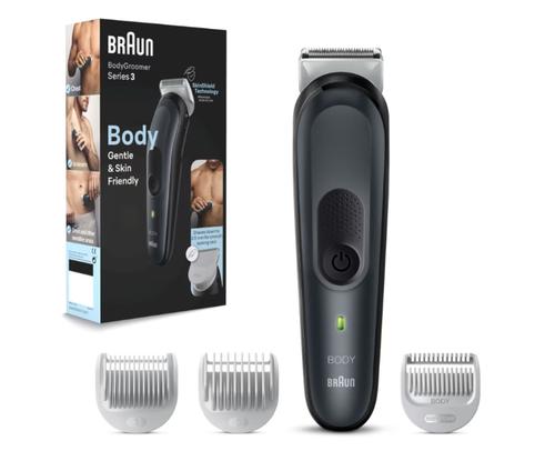 Aparat de ingrijire corporala Braun BG3340 cu Tehnologie Skinshield, 2 piepteni ficsi, 1 pieptene pentru zone sensibile, 1 incarcator (Negru/Gri)