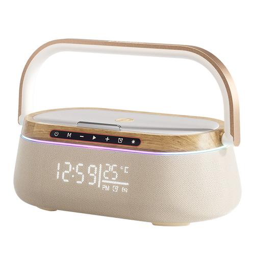 Boxa portabila iHunt BedSide 9-in-1, Hi-Fi, Bluetooth, Ceas cu Alarma si Temperatura, Incarcator Wireless, Ambient RGB Light, Lemn Premium (Crem)