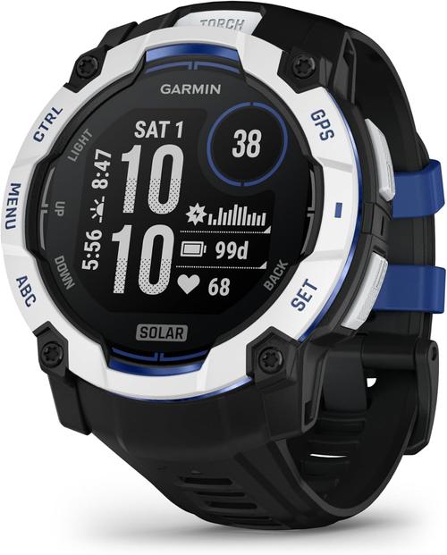 Smartwatch Garmin Instinct 3 Solar, GPS, 50mm, Ecran 1.1inch, Bluetooth, ANT+, Android/iOS, 10 ATM, Curea Silicon Negru/Albastru (Alb)