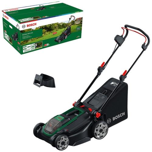 Masina de tuns gazon/iarba pe acumulator Bosch ROTAK18V2-43, 2 X 18 V, latime taiere 43 cm, inaltime taiere 30-75 mm, 6 trepte de taiere, motor brushless, sac colector 50 l, include: 2 acumulatori PBA 18V 4.0Ah + incarcator