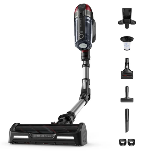 Aspirator vertical Rowenta X-Force Flex 12.60 RH98A7WO, 320W, 25.2V, capacitate praf 0.9L, autonomie 45 minute, perie animal turbo, Gri/Rosu
