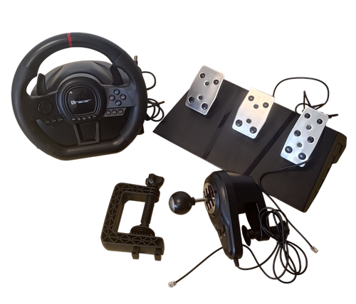 Set volan cu pedale si schimbator Tracer SimRacer TRAJOY47345 GameZone, 6in1, PlayStation 4, PC, Xbox One, Series X/S, Nintendo Switch (Negru)
