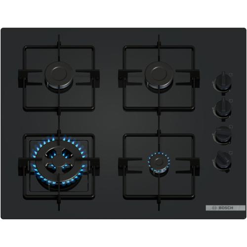 Plita incorporabila Bosch POH6B6K30, Gaz, 4 arzatoare, Arzator Wok, Gratar otel, 60 cm, Sticla (Negru)
