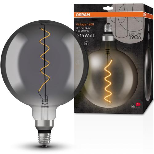 Bec LED decorativ fumuriu OSRAM Vintage 1906 SMOKE, E27, 4W (15W), 140 lm, lumina calda (1800K), filament spiralat, forma glob, clasa energetica G