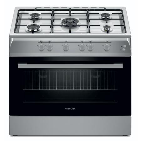Aragaz Nobeltek NLT 6903IX/G1, 60x90cm, plta gaz cu 5 ochiuri(arzator mare triplu), cuptor gaz(102l), aprindere electrica, grill, iluminare cuptor, echipat cu diuze GN, diuze GPL de schimb, plita si front inox, laterale silver (Inox)