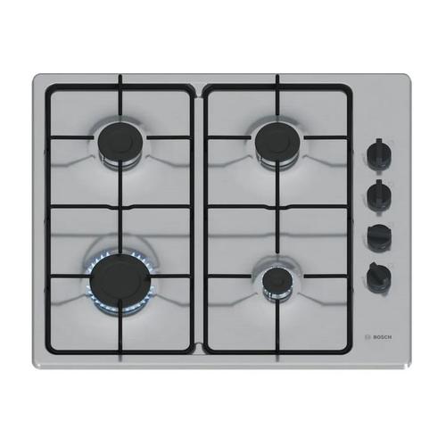 Plita pe gaz BOSCH PBP6B5K80, 7500 W, 75 cm, 4 arzatoare, sticla neagra, FlameSelect, gratare din fonta (Alb)