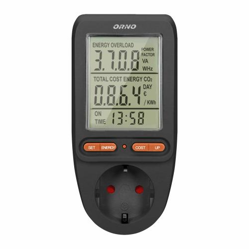 Priza cu contor consum curent/energie ORNO OR-WAT-435(GS)/B, afisaj digital, 16A, 3680W (Negru)
